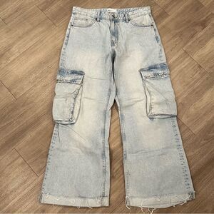 Zara TRF Mid Rise Cargo Baggy Loose Fit Light Tan Wide Leg Y2K Denim